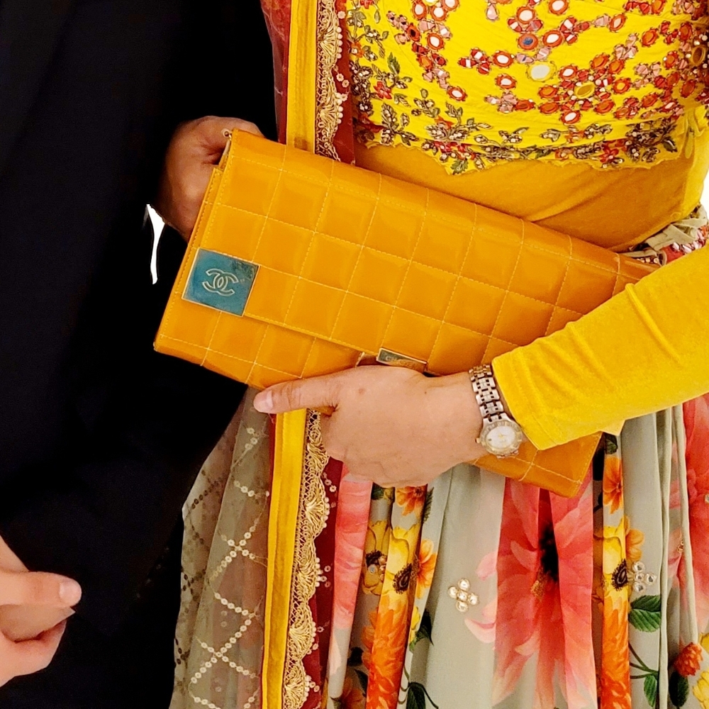 Chanel Yellow Quilted Clutch Choco bar